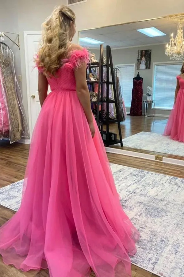 3D Flowers Off Shoulder Hot Pink Tulle Prom Dresses