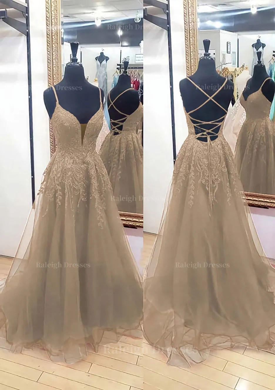 A-line V Neck Sleeveless Chapel Train Tulle Prom Dress With Appliqued Lace