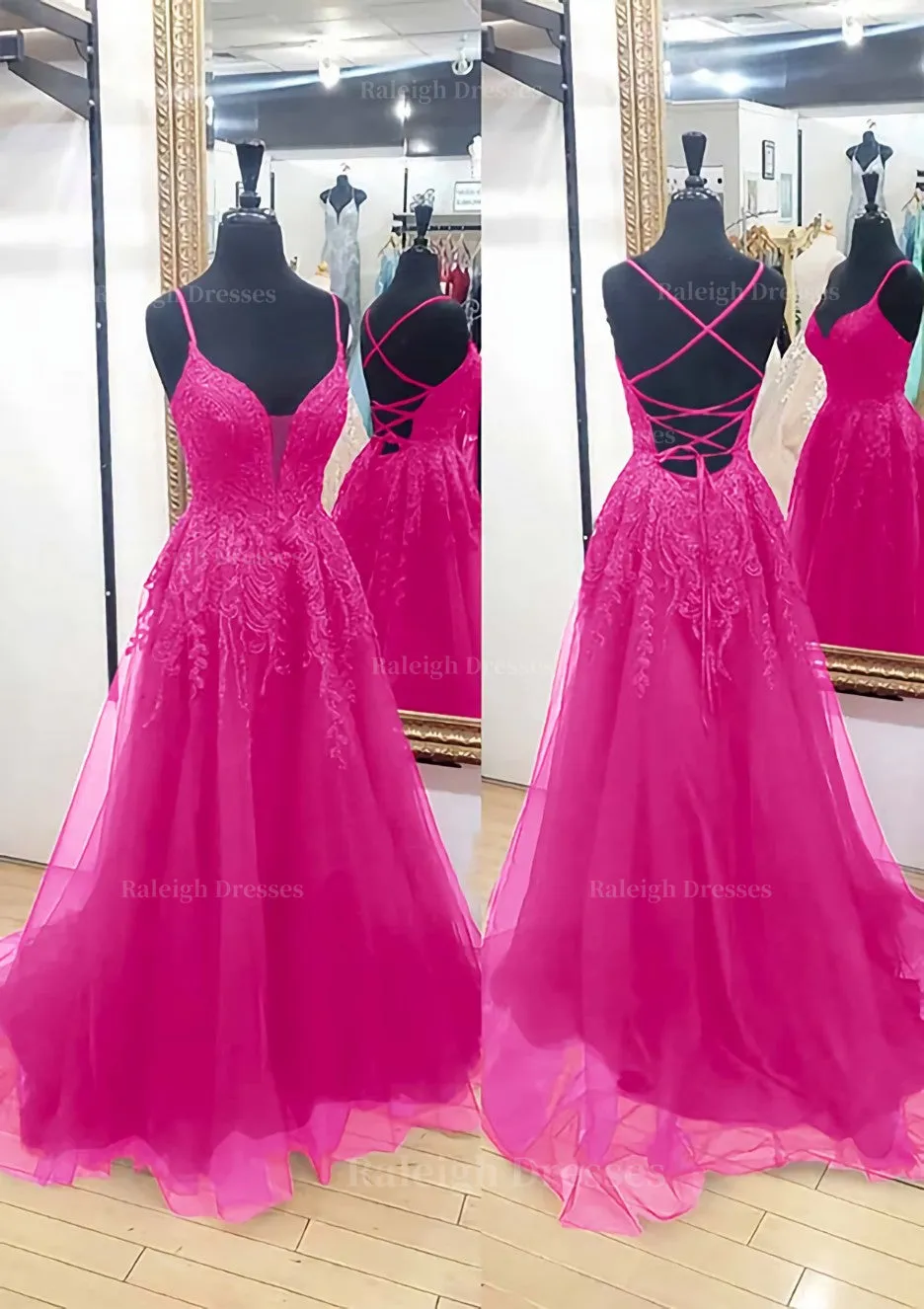 A-line V Neck Sleeveless Chapel Train Tulle Prom Dress With Appliqued Lace