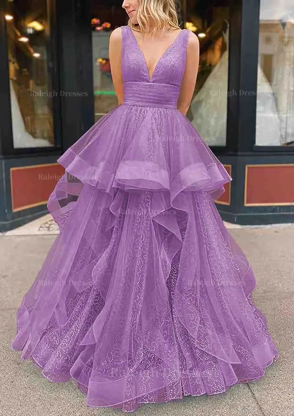 A-line V Neck Sleeveless Long/Floor-Length Tulle Glitter Prom Dress With Pleated