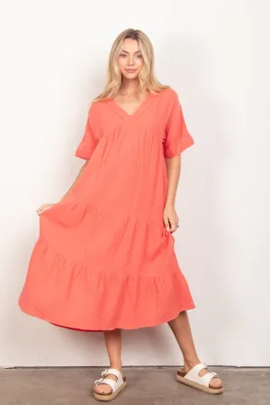 Apricot Frayed Detail Soft Crinkle Gauze Midi Dress