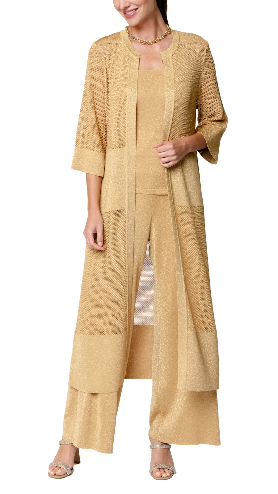 Arianna Shimmery Mesh-Knit Duster Coat - Golden Sands