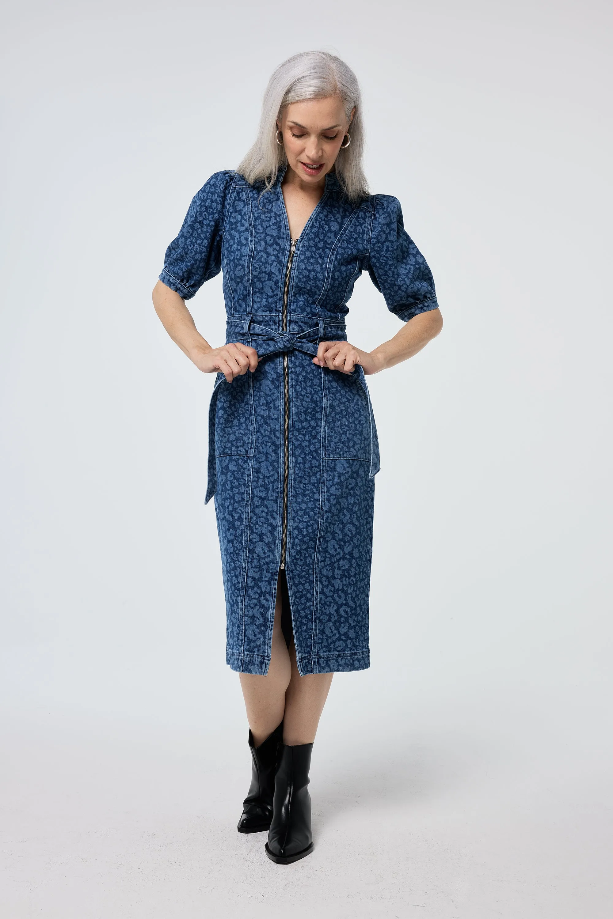 Authentic Indigo Leopard Zip Detail Midi Denim Dress