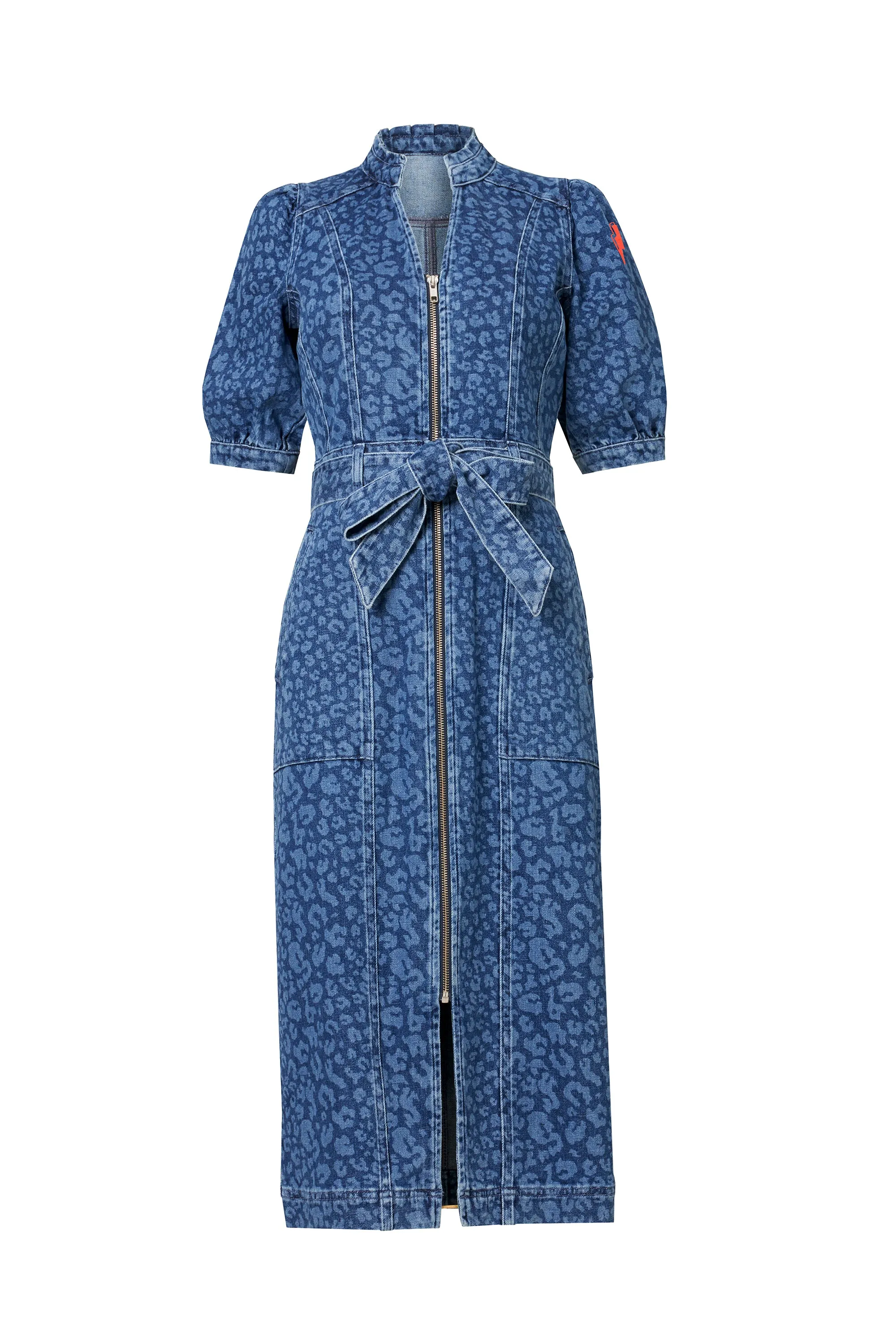 Authentic Indigo Leopard Zip Detail Midi Denim Dress