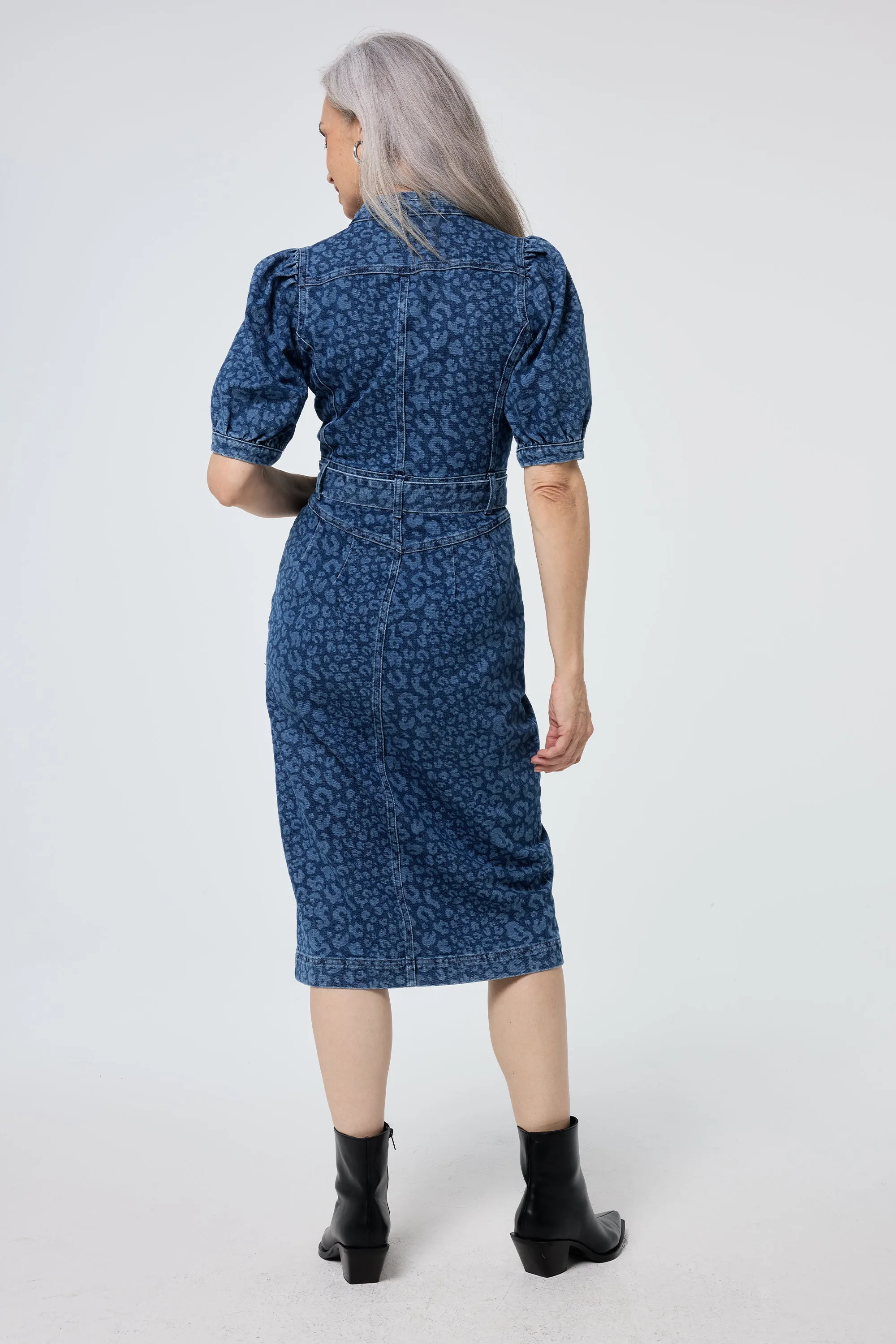 Authentic Indigo Leopard Zip Detail Midi Denim Dress