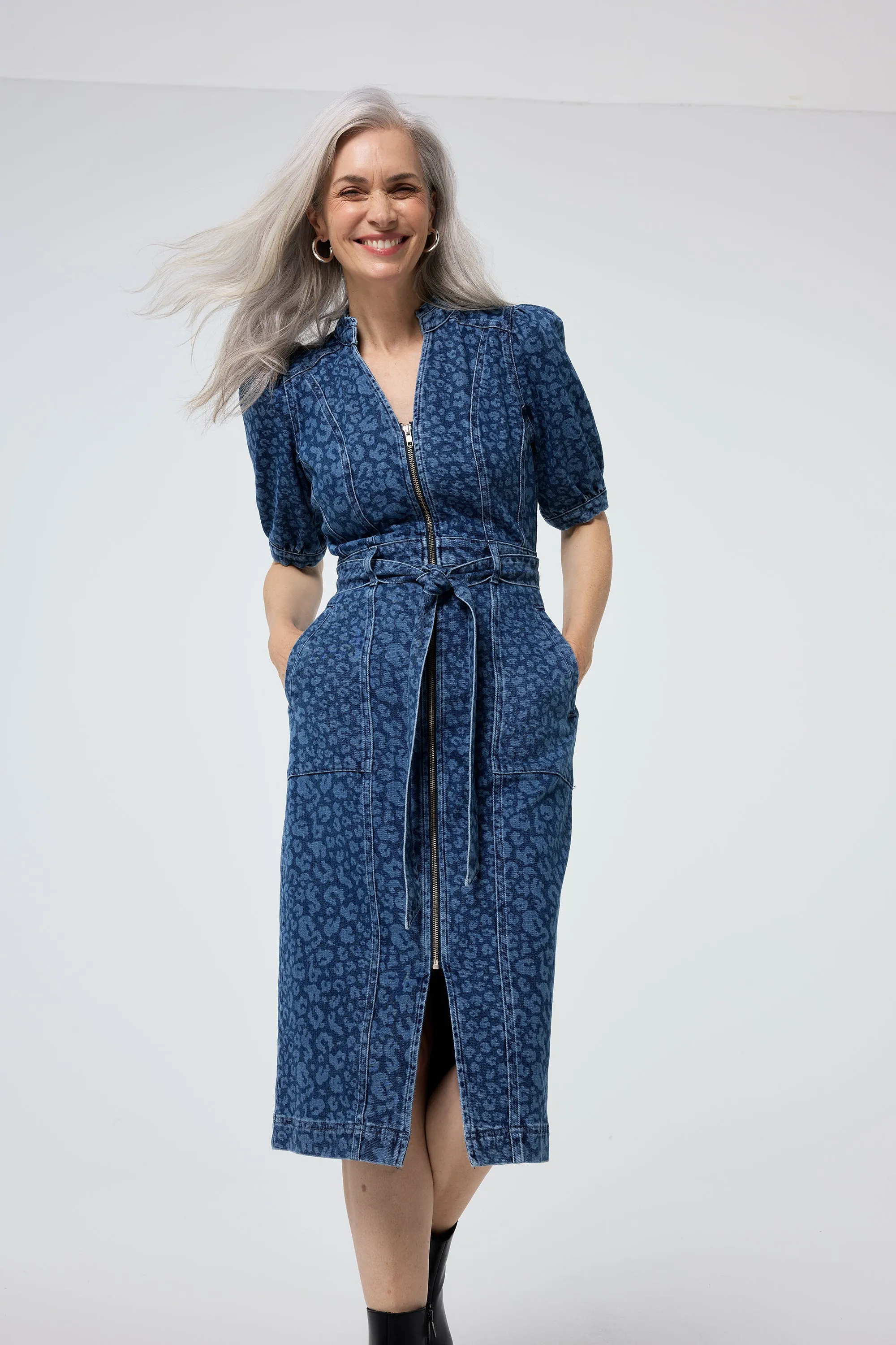 Authentic Indigo Leopard Zip Detail Midi Denim Dress