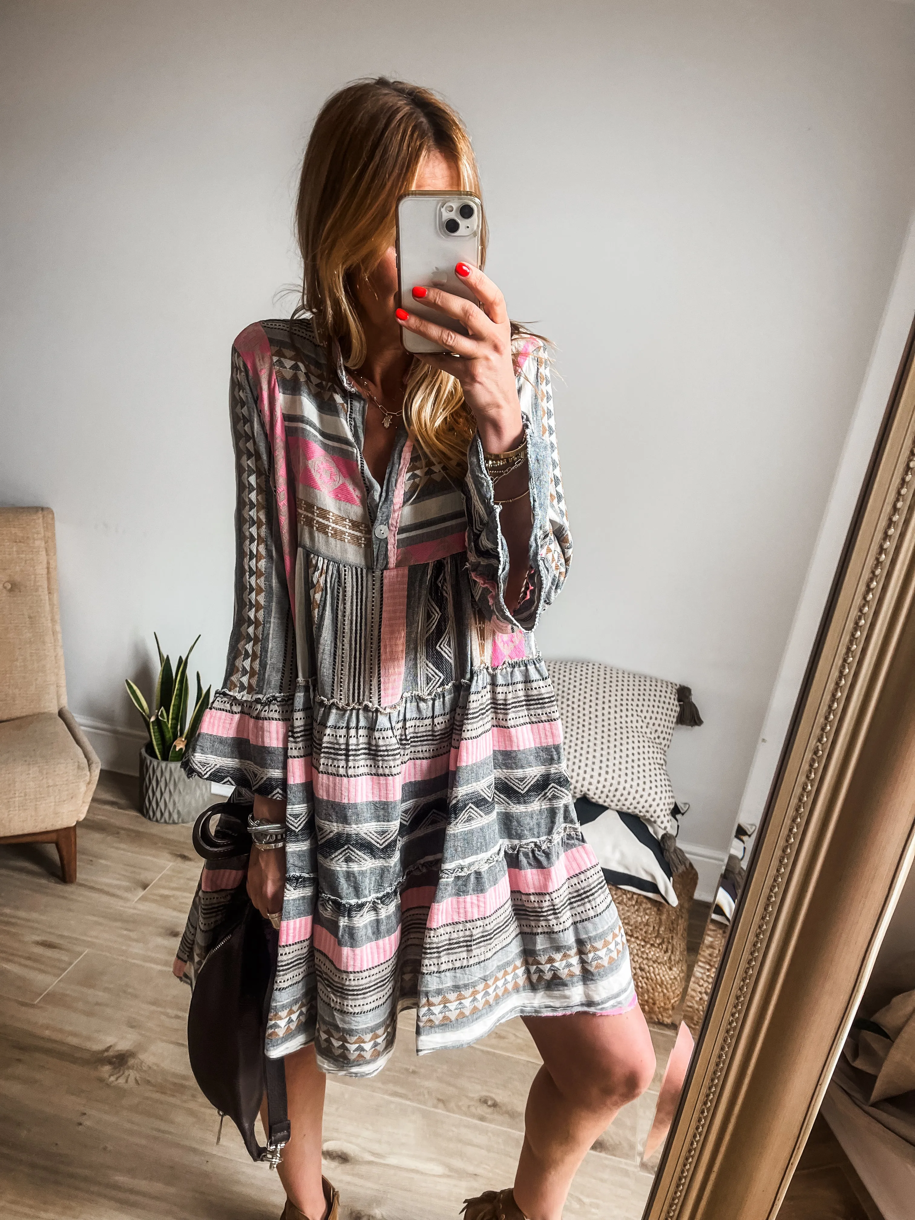 Aztec Print Tiered Smock Mini Dress