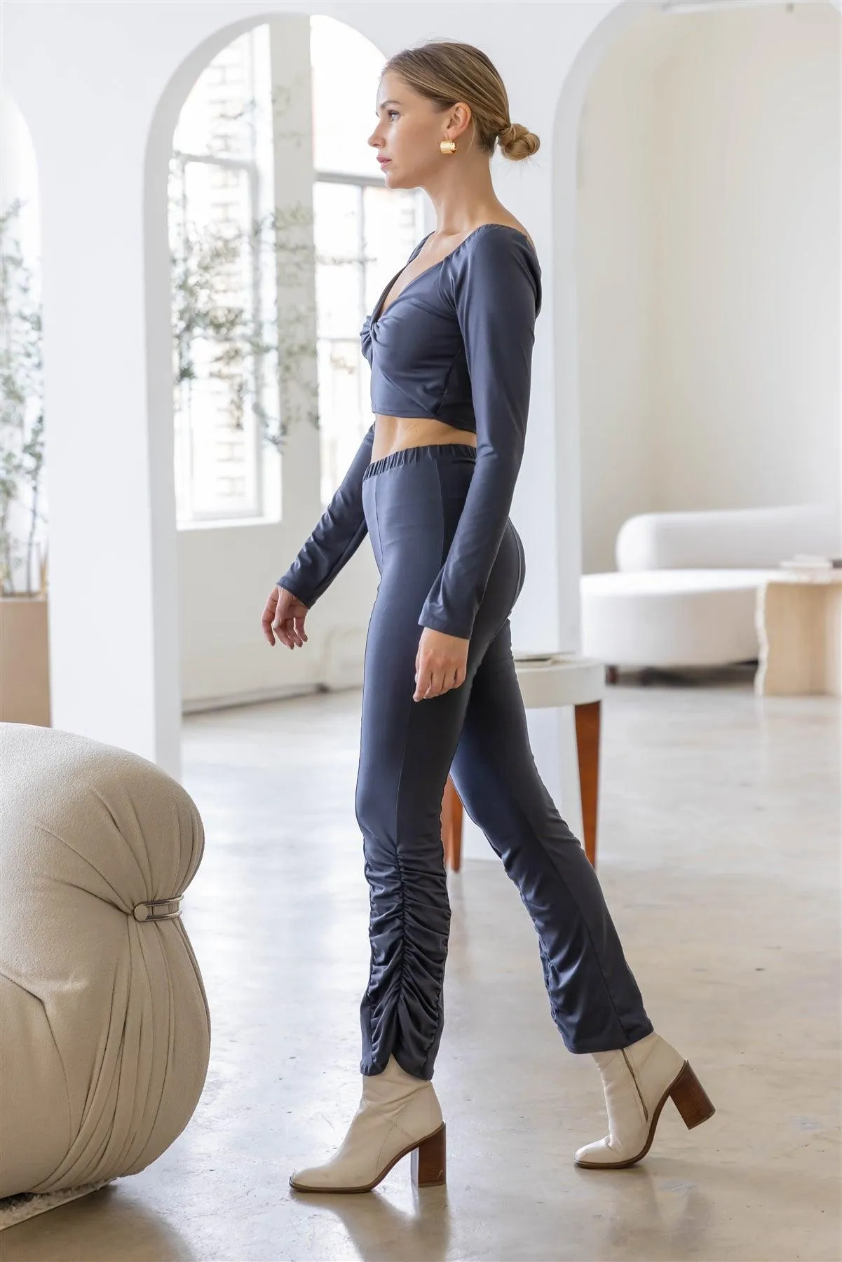 Charcoal Wrap V-Neck Top & Ruched High Waist Pants Set /3-2-1