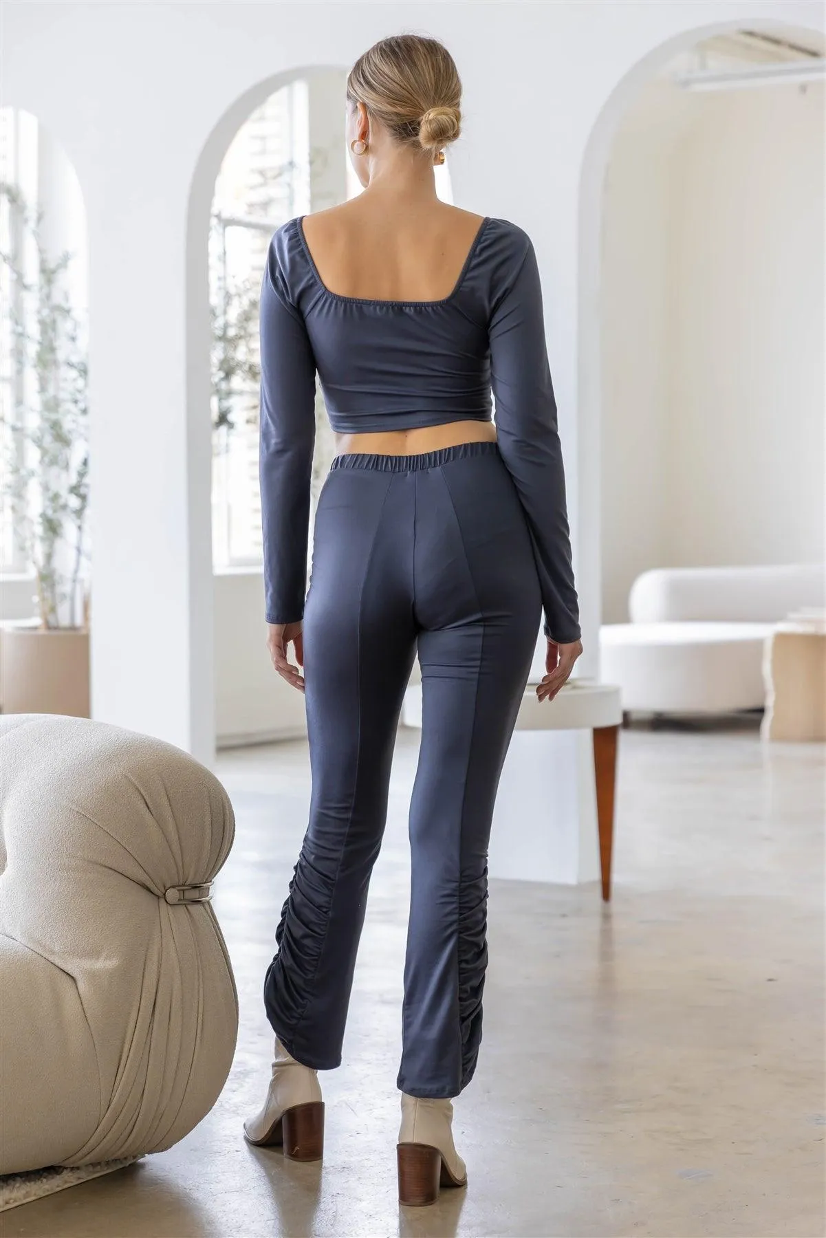 Charcoal Wrap V-Neck Top & Ruched High Waist Pants Set /3-2-1