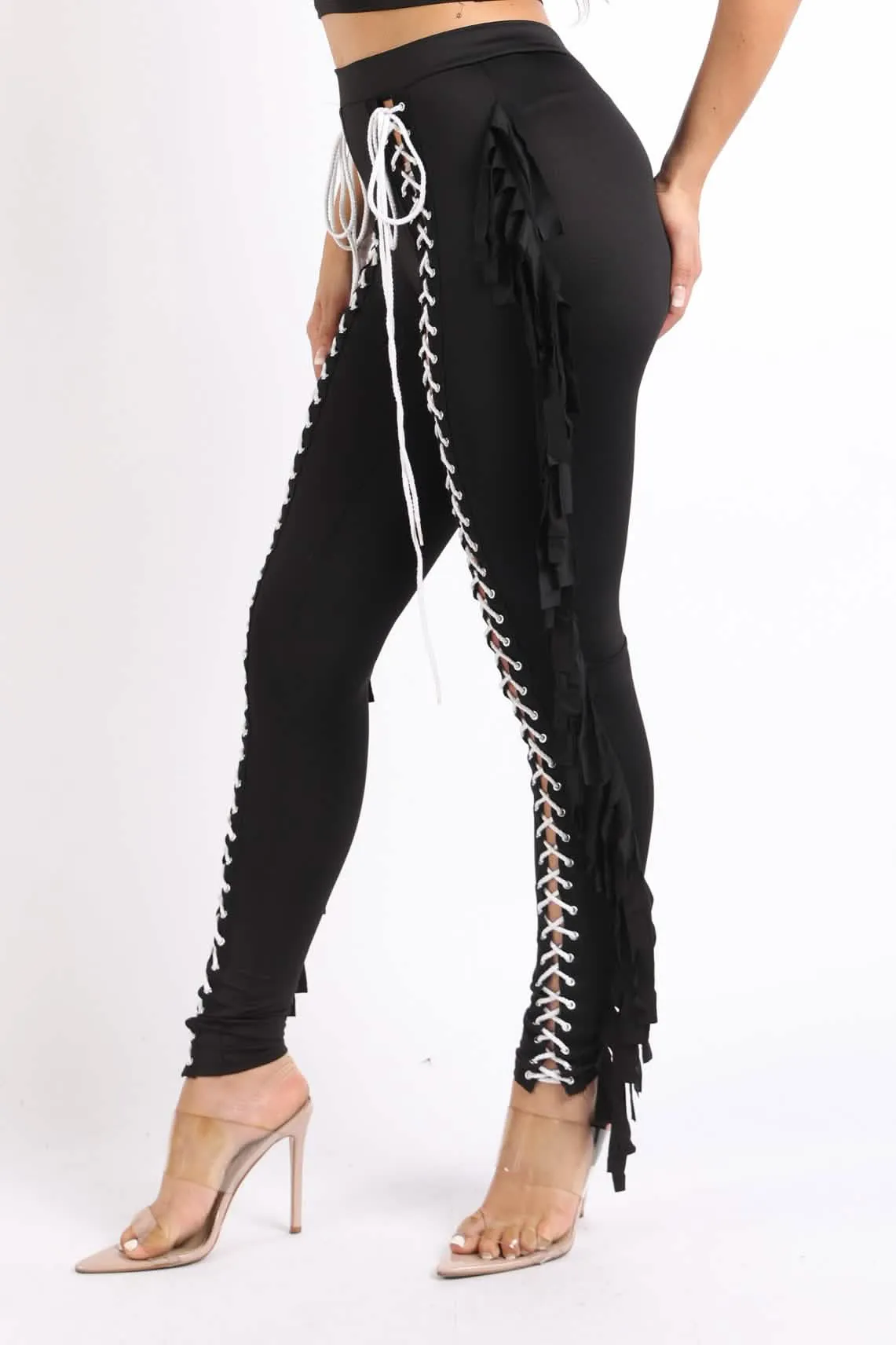 Chic Black Lace-Up Fringe Tassel Leggings