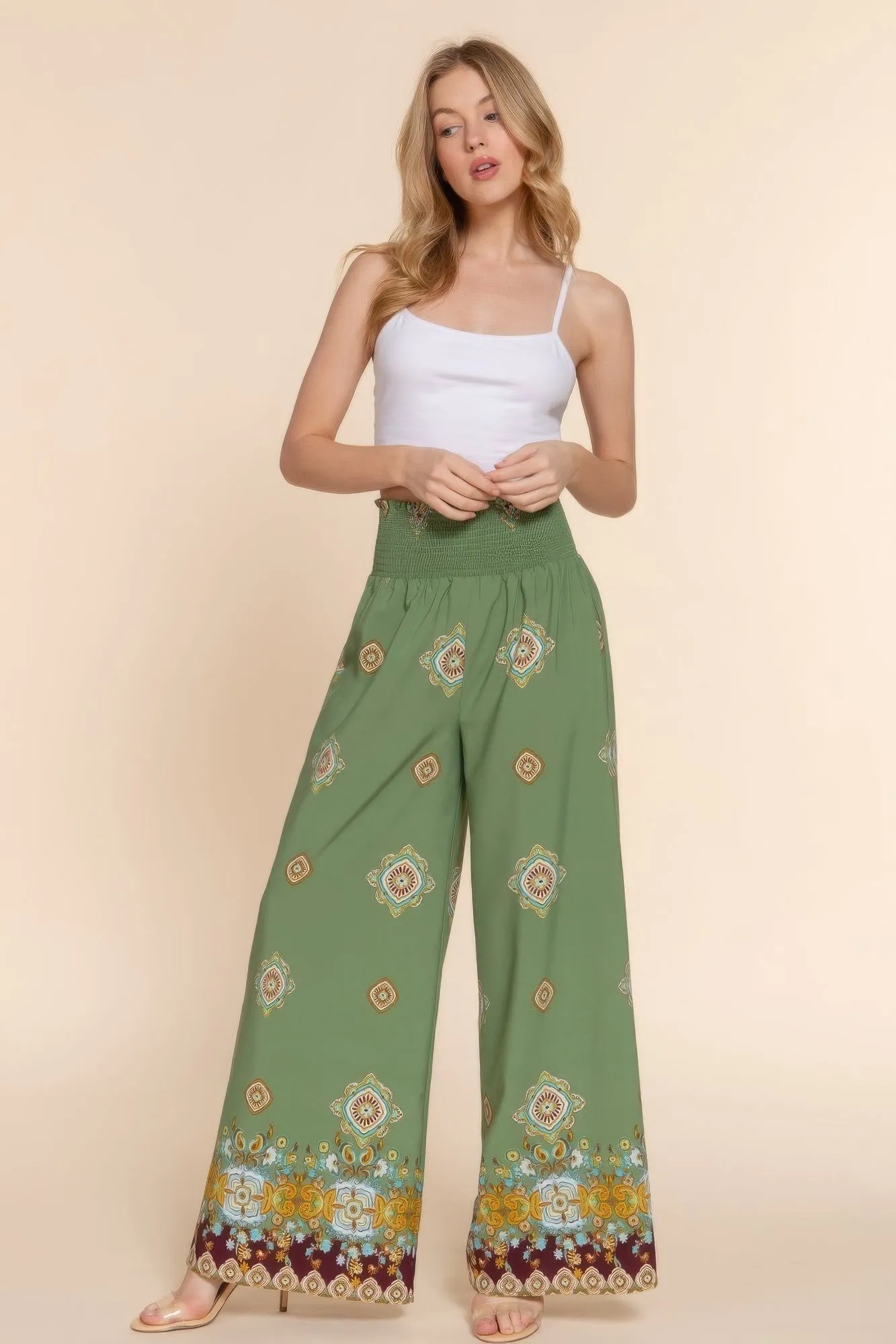 Chic Wide Leg Border Print Woven Pants for Women