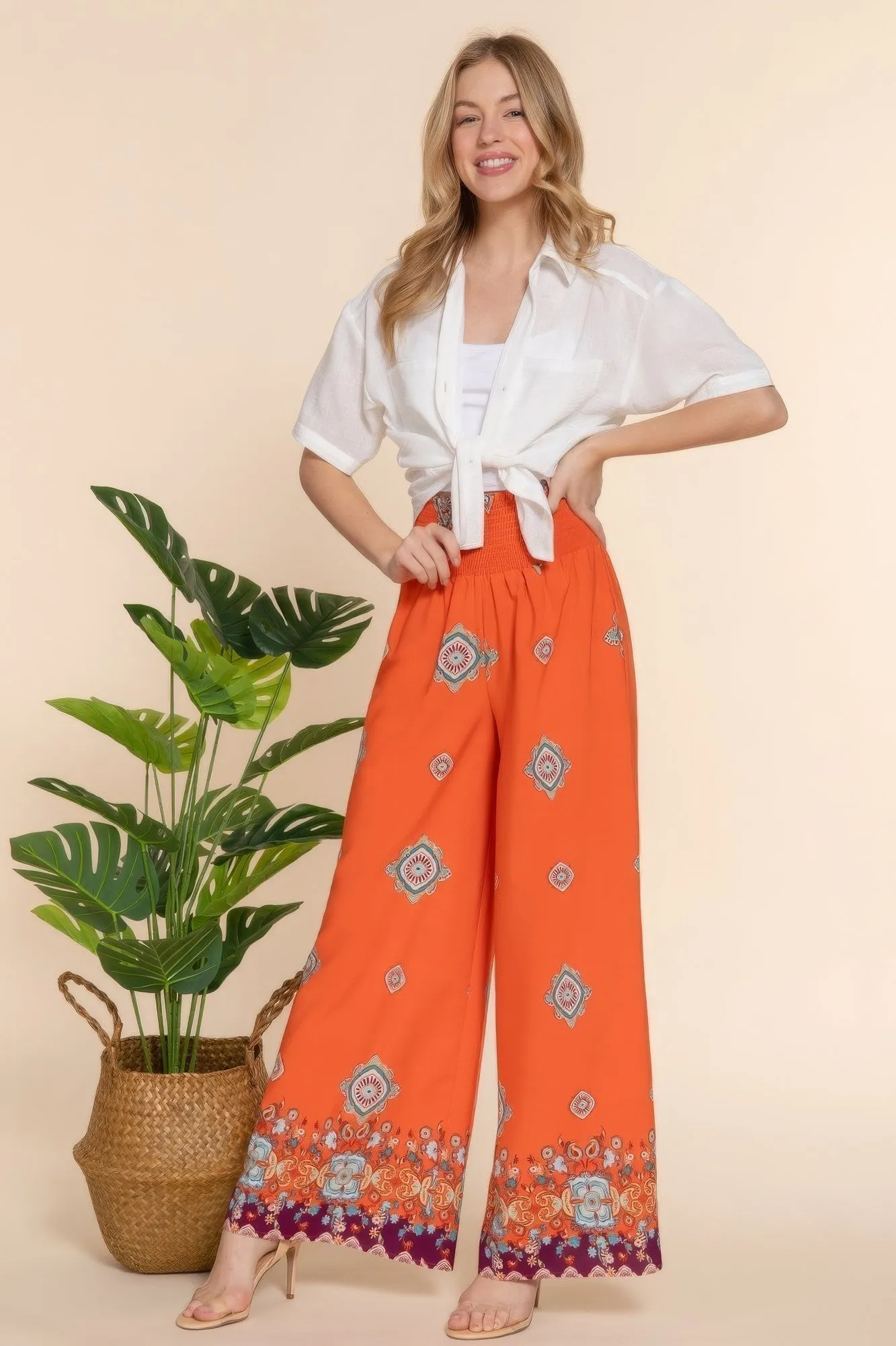 Chic Wide Leg Border Print Woven Pants for Women