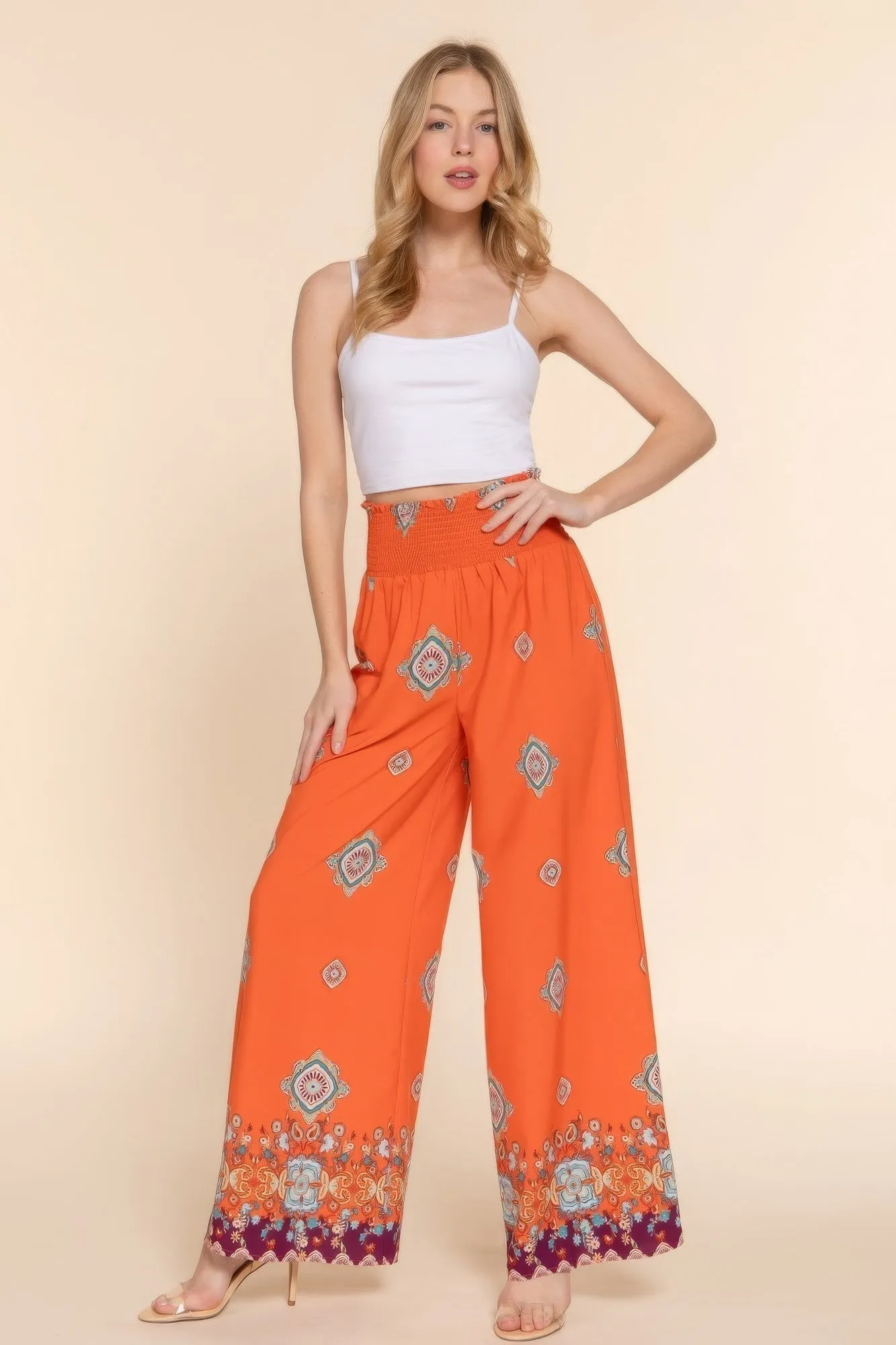 Chic Wide Leg Border Print Woven Pants for Women