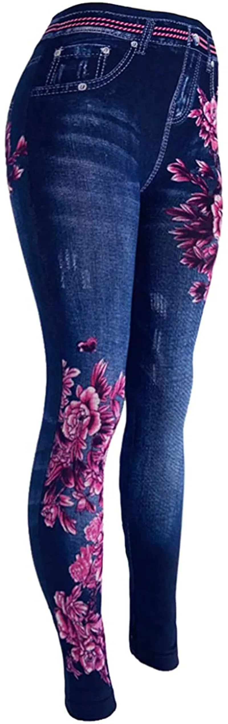 CLOYA Women's Denim Print Seamless Full Leggings for All Seasons - One Size Fits Large & X-Large