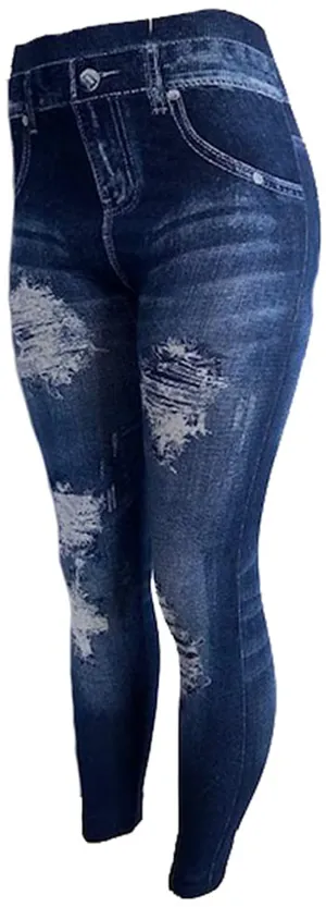 CLOYA Women's Denim Print Seamless Full Leggings for All Seasons - One Size Fits Large & X-Large