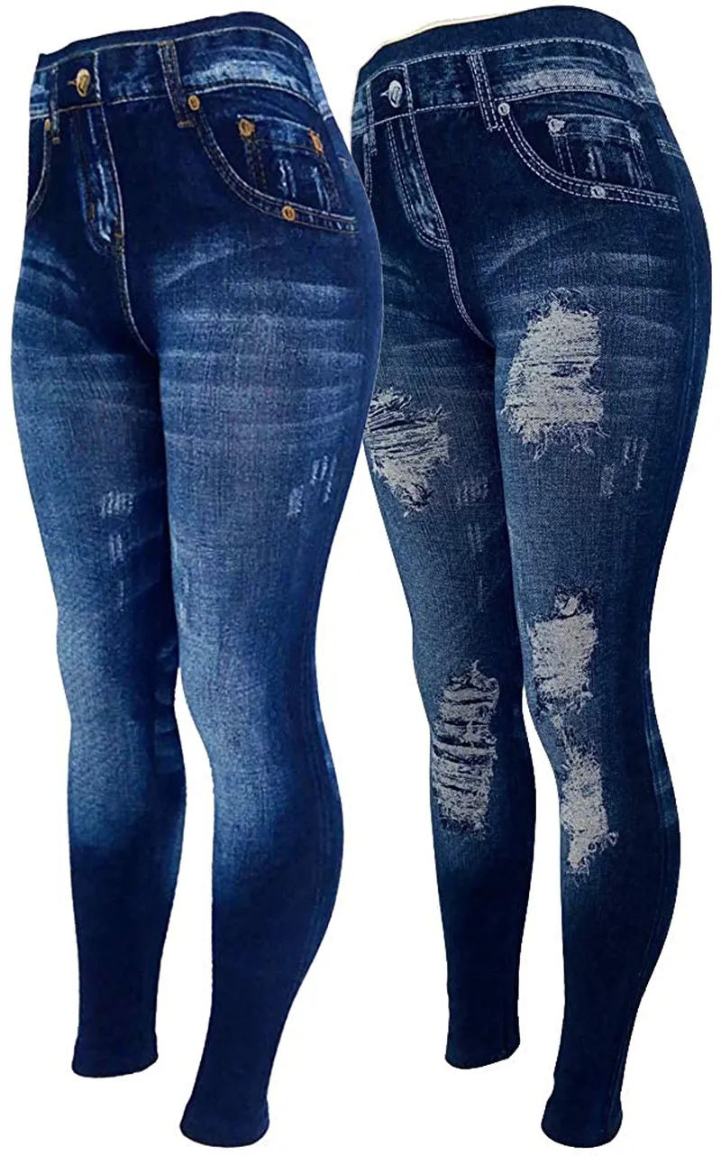 CLOYA Women's Denim Print Seamless Full Leggings for All Seasons - One Size Fits Large & X-Large