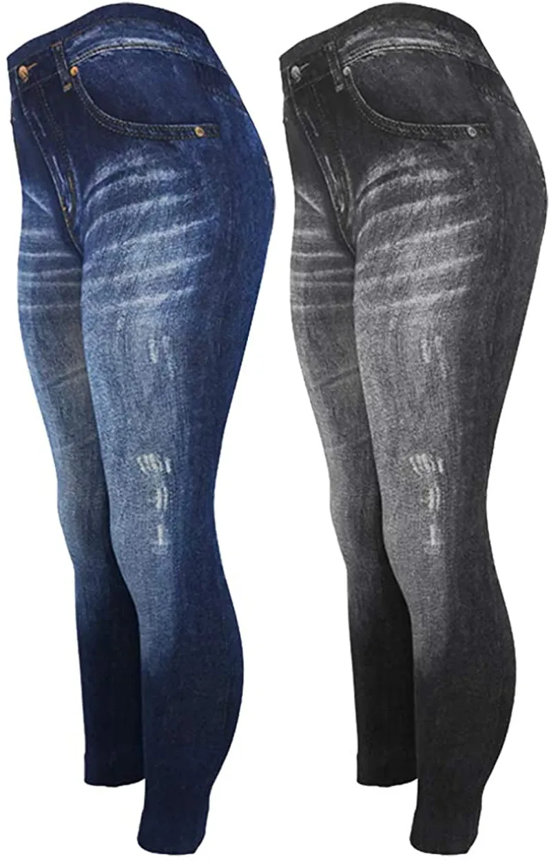 CLOYA Women's Denim Print Seamless Full Leggings for All Seasons - One Size Fits Large & X-Large