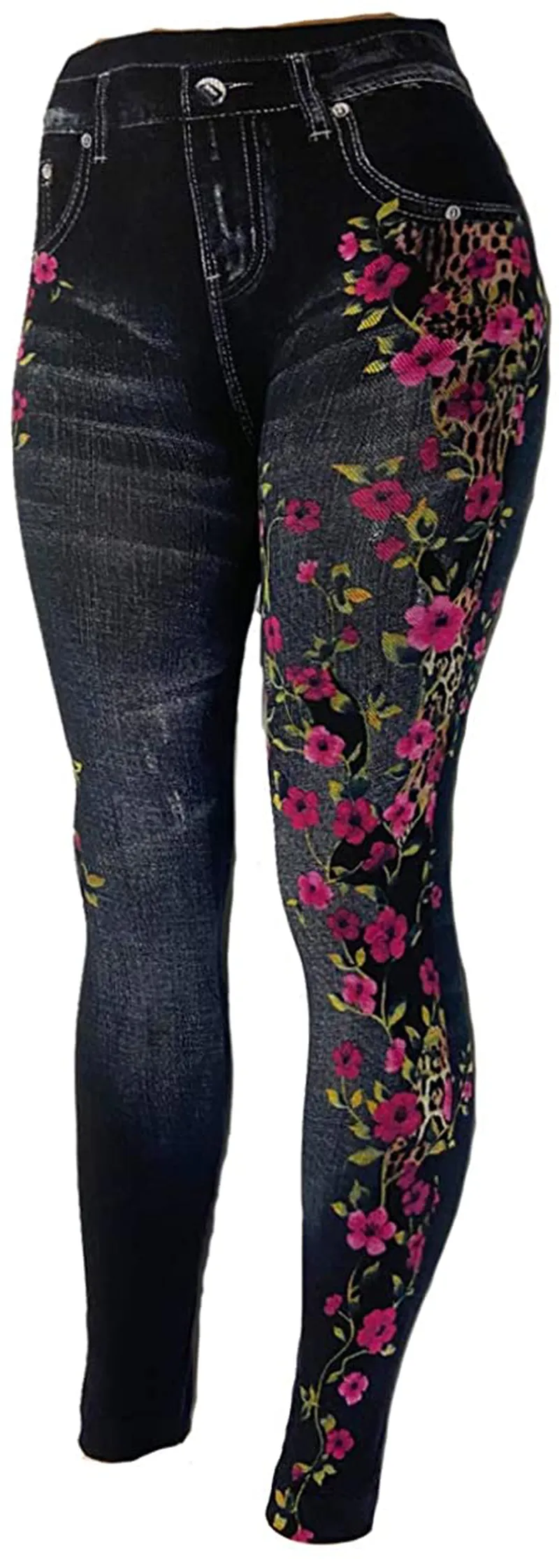 CLOYA Women's Denim Print Seamless Full Leggings for All Seasons - One Size Fits Large & X-Large