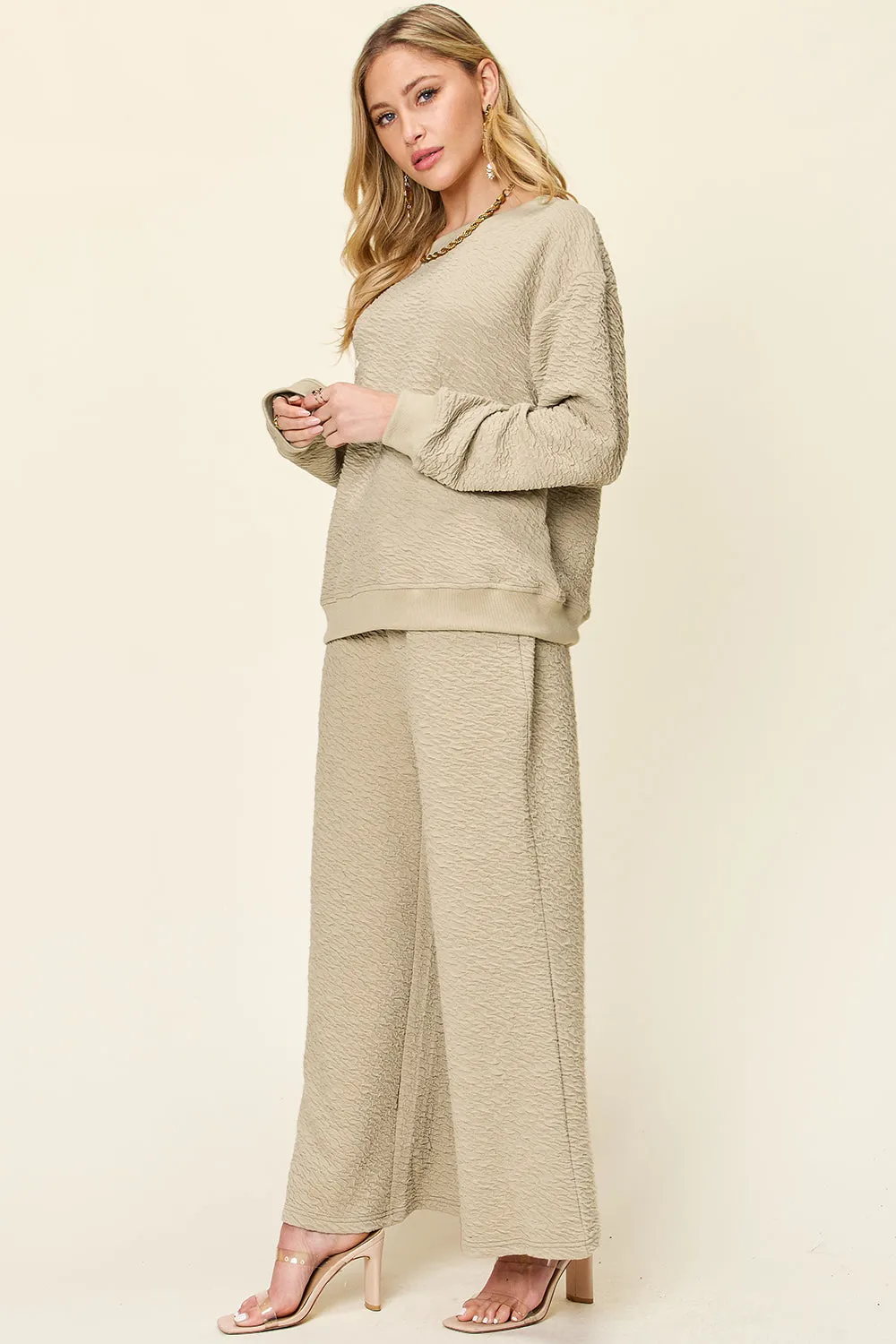 Double Take Full Size Texture Long Sleeve Top and Pants Set