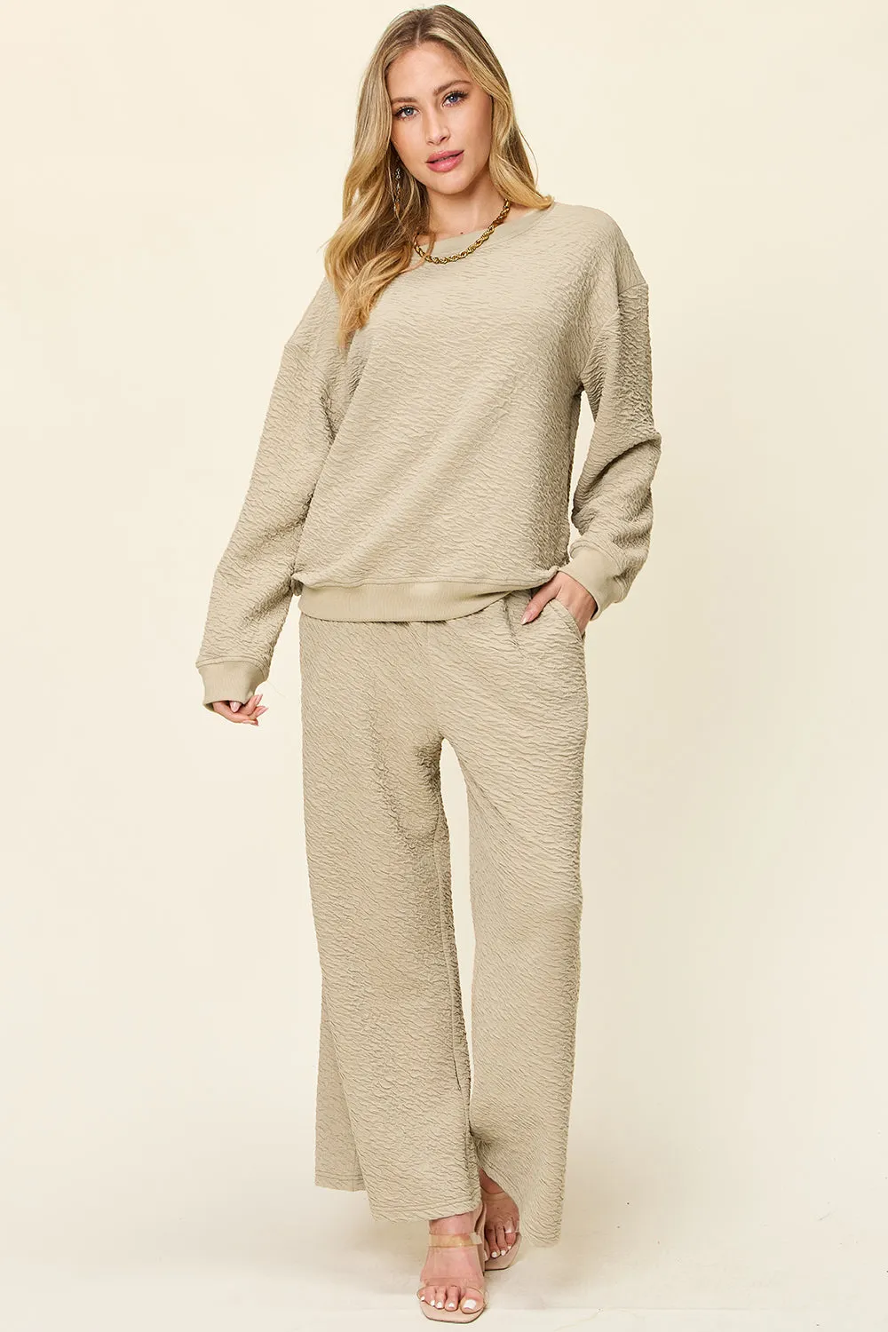 Double Take Full Size Texture Long Sleeve Top and Pants Set