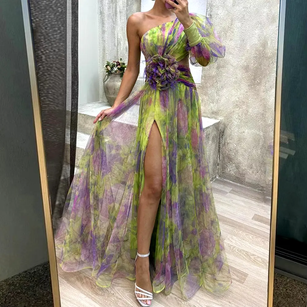 Elegant Formal Party Dress Elegant One Shoulder Tie-Dye Ball Gown with Mesh Bubble Sleeves Split Hem Women'S Evening Dress