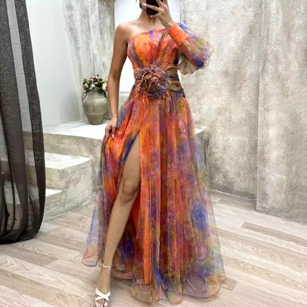 Elegant Formal Party Dress Elegant One Shoulder Tie-Dye Ball Gown with Mesh Bubble Sleeves Split Hem Women'S Evening Dress