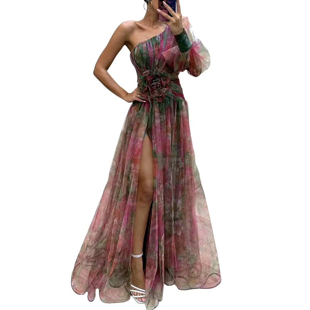 Elegant Formal Party Dress Elegant One Shoulder Tie-Dye Ball Gown with Mesh Bubble Sleeves Split Hem Women'S Evening Dress