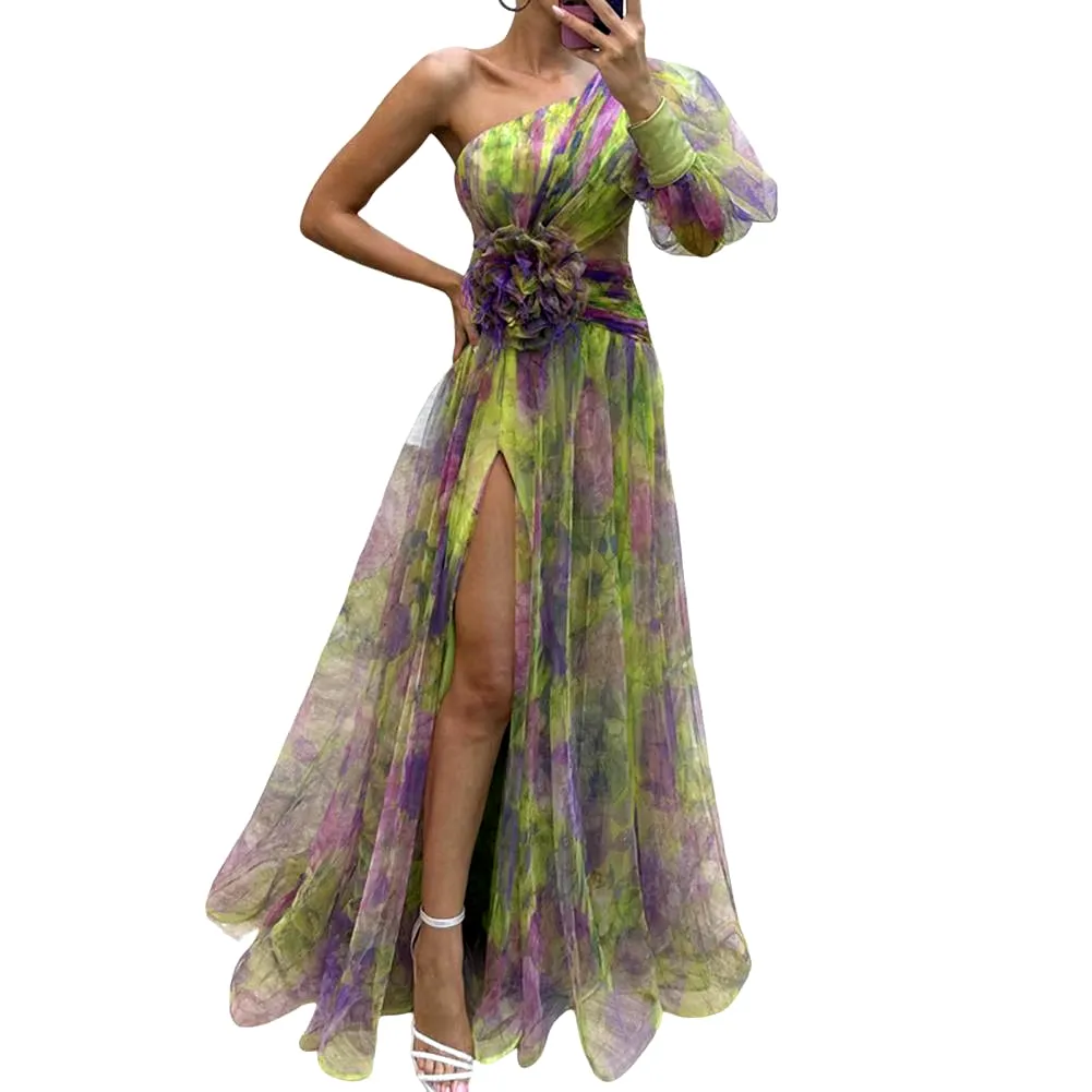 Elegant Formal Party Dress Elegant One Shoulder Tie-Dye Ball Gown with Mesh Bubble Sleeves Split Hem Women'S Evening Dress