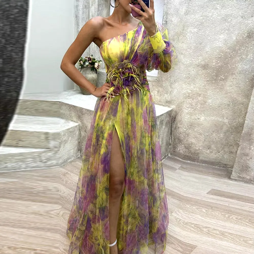 Elegant Formal Party Dress Elegant One Shoulder Tie-Dye Ball Gown with Mesh Bubble Sleeves Split Hem Women'S Evening Dress