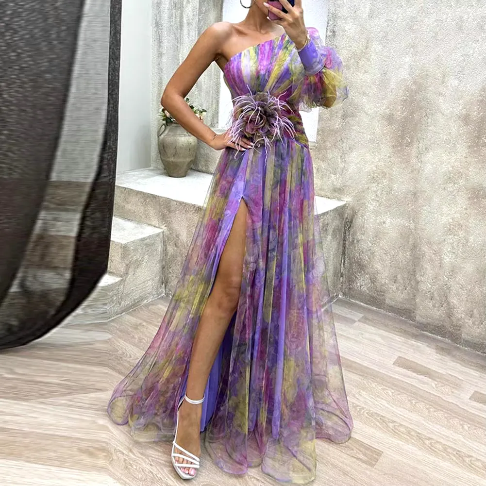 Elegant Formal Party Dress Elegant One Shoulder Tie-Dye Ball Gown with Mesh Bubble Sleeves Split Hem Women'S Evening Dress