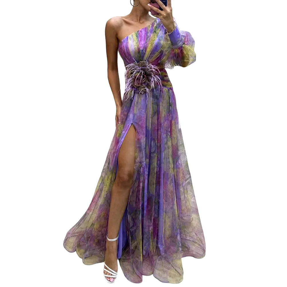 Elegant Formal Party Dress Elegant One Shoulder Tie-Dye Ball Gown with Mesh Bubble Sleeves Split Hem Women'S Evening Dress