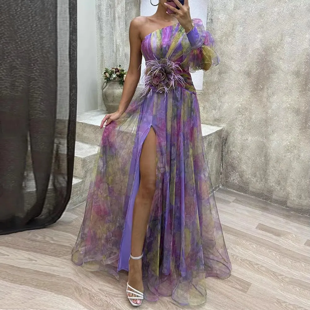 Elegant Formal Party Dress Elegant One Shoulder Tie-Dye Ball Gown with Mesh Bubble Sleeves Split Hem Women'S Evening Dress