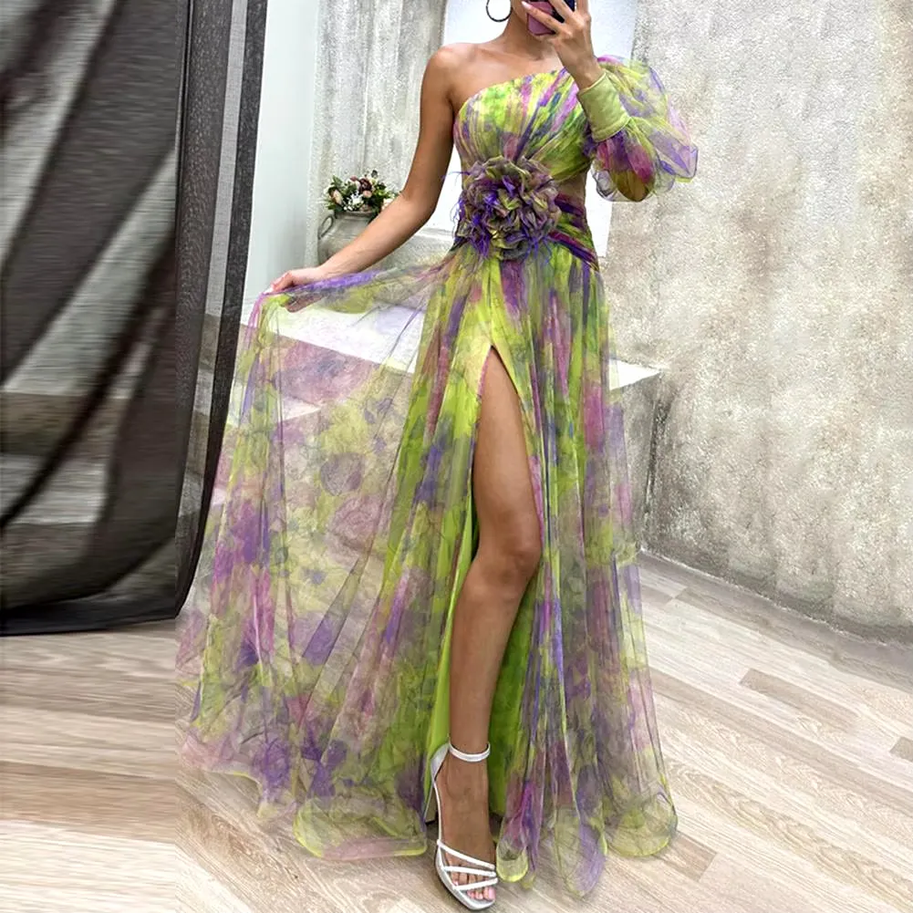 Elegant Formal Party Dress Elegant One Shoulder Tie-Dye Ball Gown with Mesh Bubble Sleeves Split Hem Women'S Evening Dress