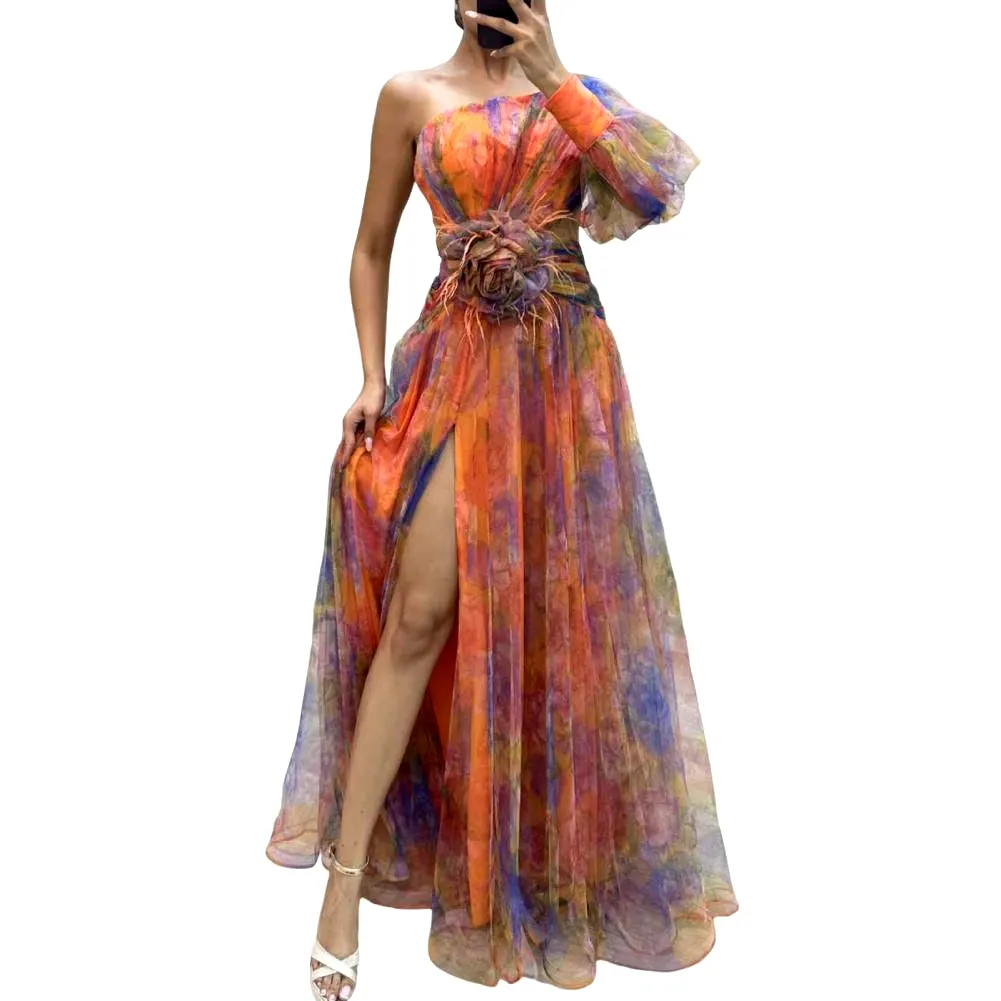 Elegant Formal Party Dress Elegant One Shoulder Tie-Dye Ball Gown with Mesh Bubble Sleeves Split Hem Women'S Evening Dress