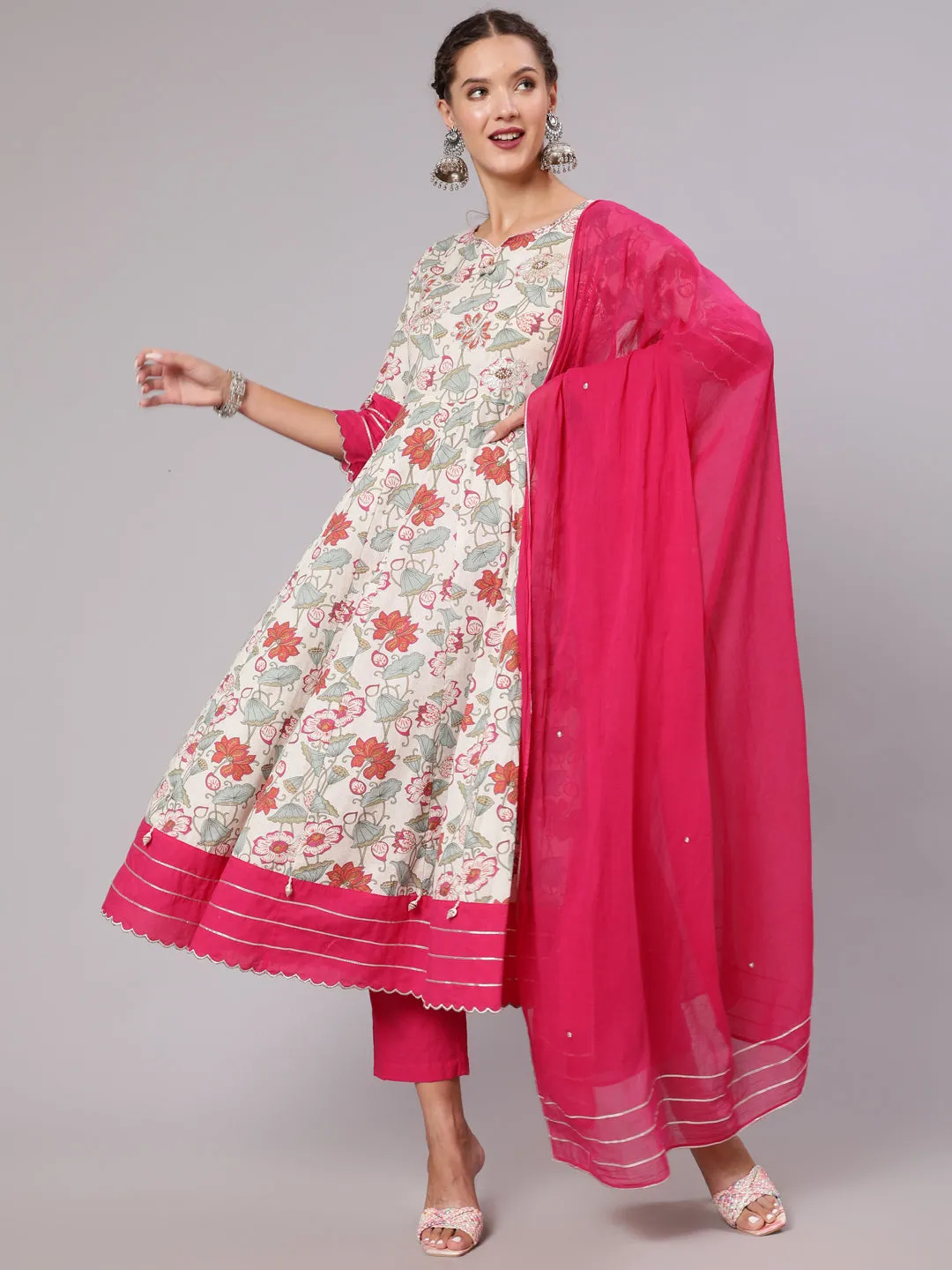 Embellished White And Pink Floral Printed Anarkali Kurta With Pants and Dupatta