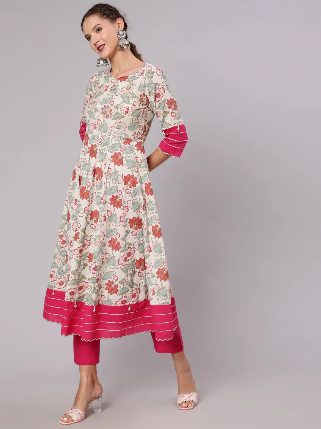 Embellished White And Pink Floral Printed Anarkali Kurta With Pants and Dupatta