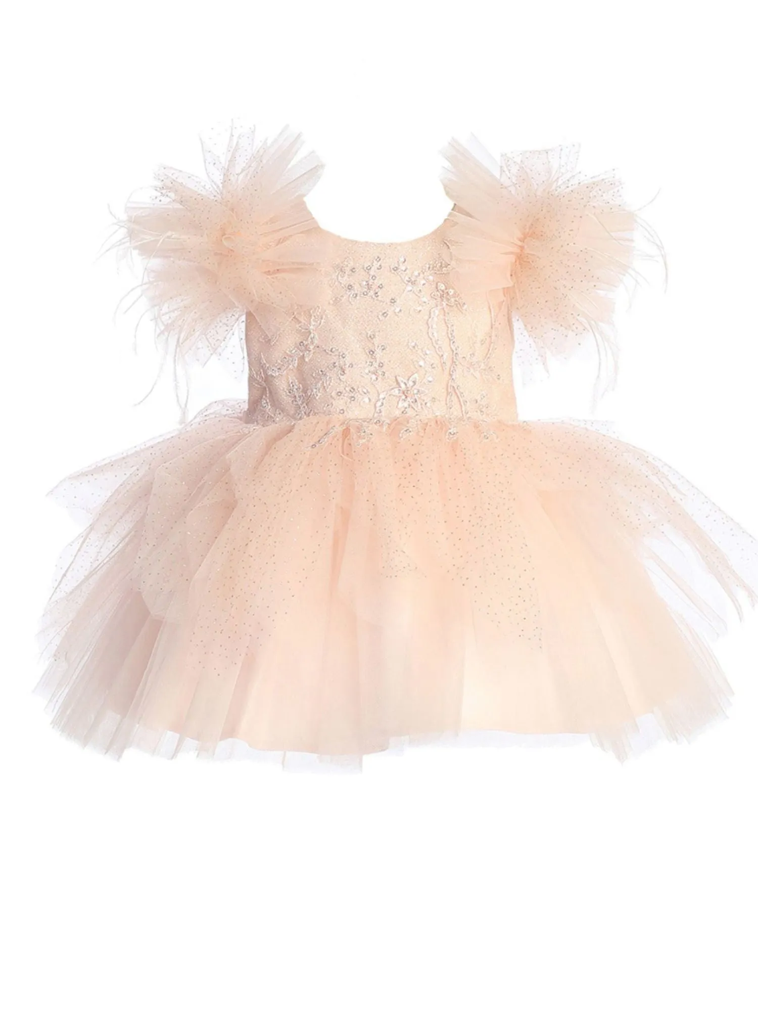 Girls Mesh Sleeve Dress with Beaded Lace Overlay Bodice and Layered Skirt, Sizes 6 Months-12