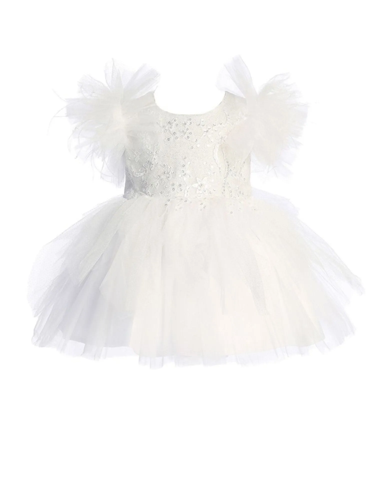 Girls Mesh Sleeve Dress with Beaded Lace Overlay Bodice and Layered Skirt, Sizes 6 Months-12