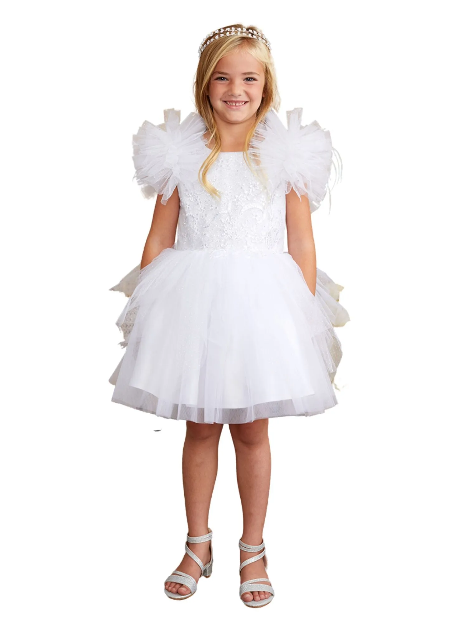 Girls Mesh Sleeve Dress with Beaded Lace Overlay Bodice and Layered Skirt, Sizes 6 Months-12