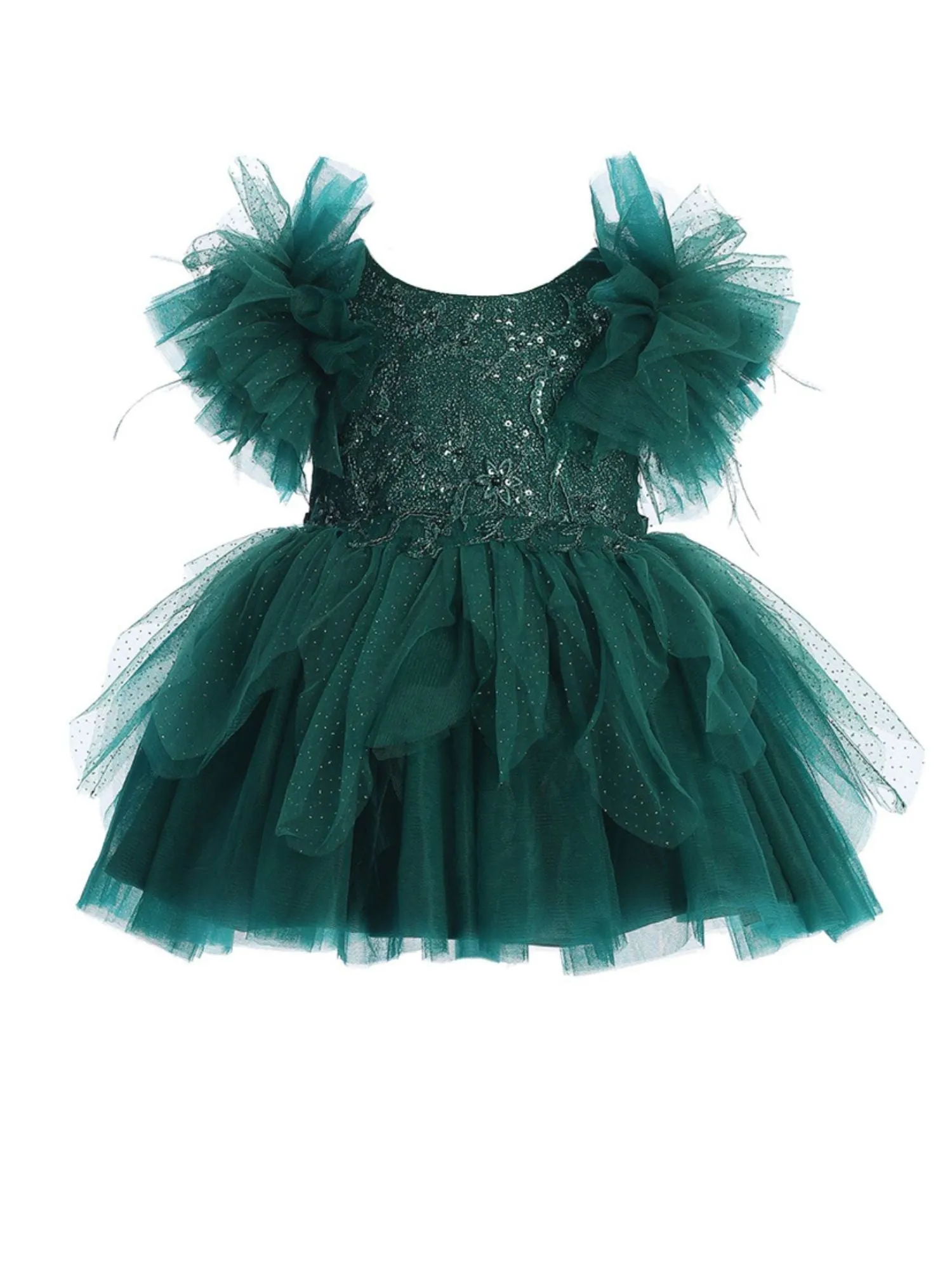 Girls Mesh Sleeve Dress with Beaded Lace Overlay Bodice and Layered Skirt, Sizes 6 Months-12