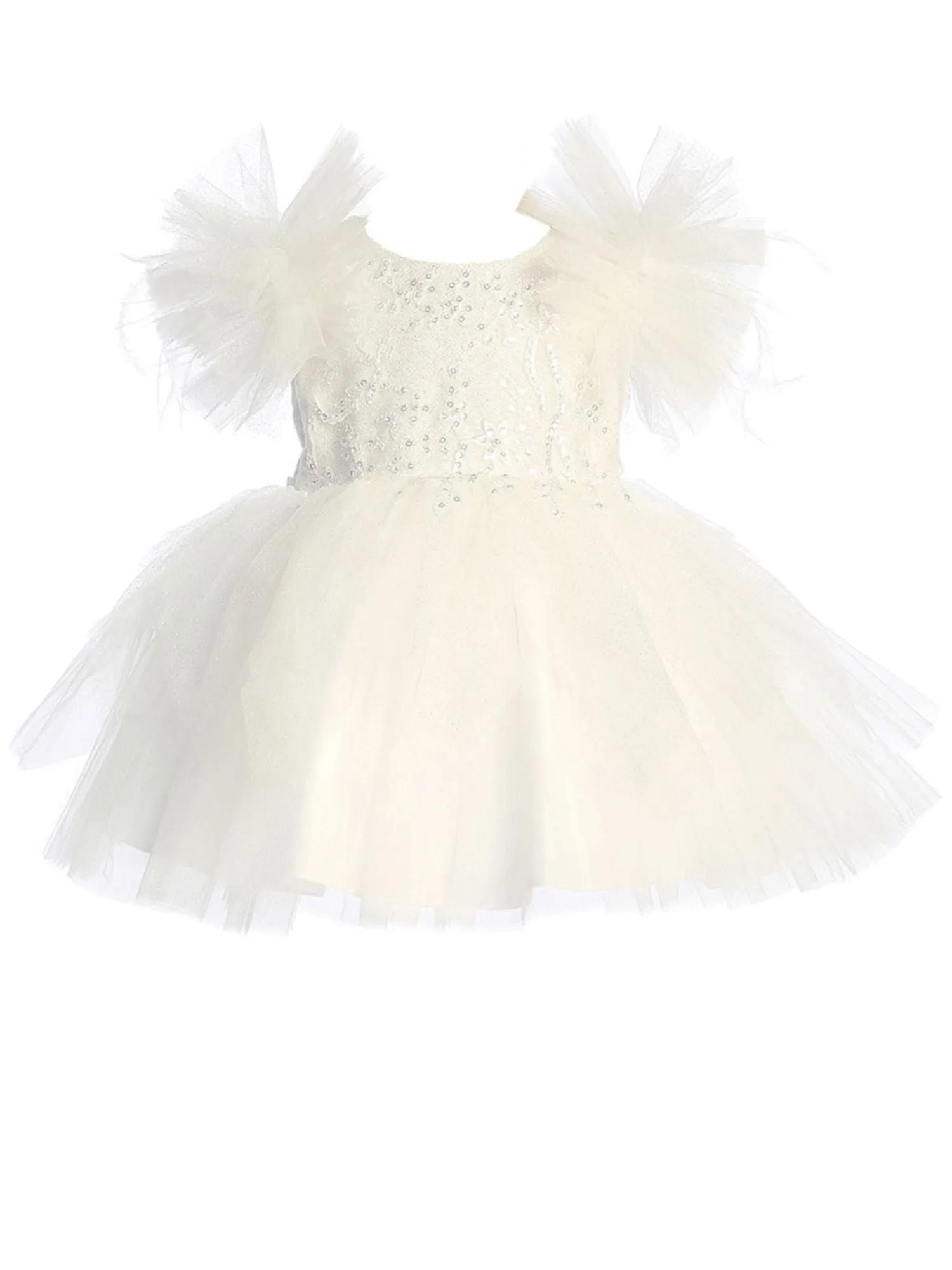 Girls Mesh Sleeve Dress with Beaded Lace Overlay Bodice and Layered Skirt, Sizes 6 Months-12