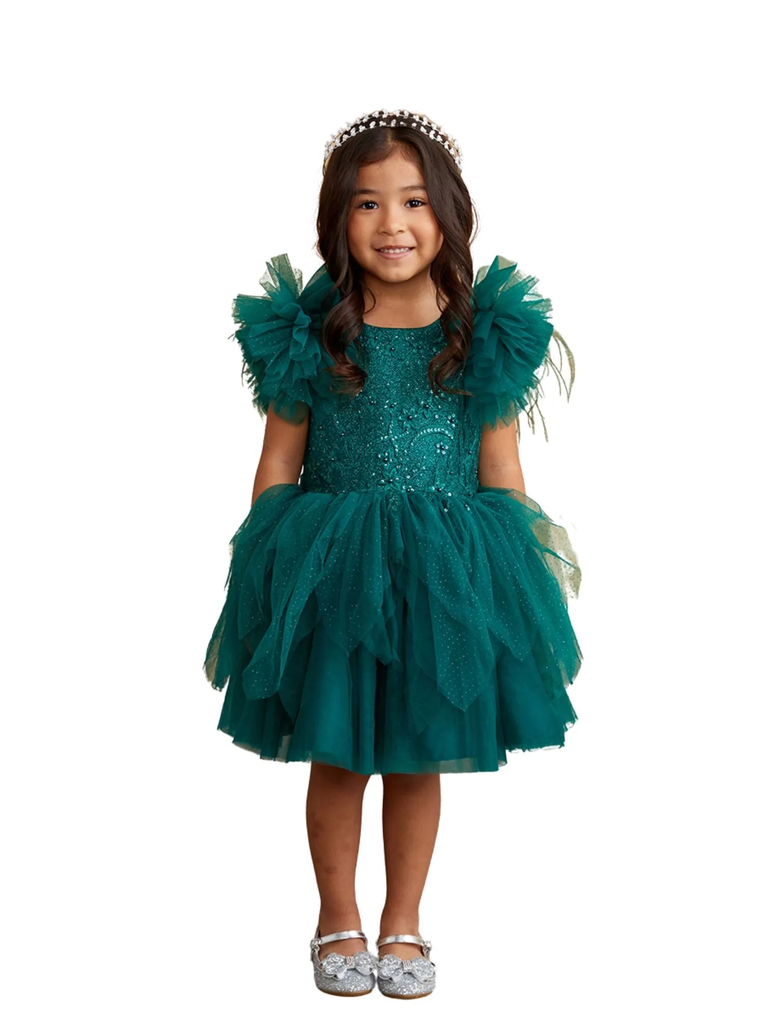 Girls Mesh Sleeve Dress with Beaded Lace Overlay Bodice and Layered Skirt, Sizes 6 Months-12