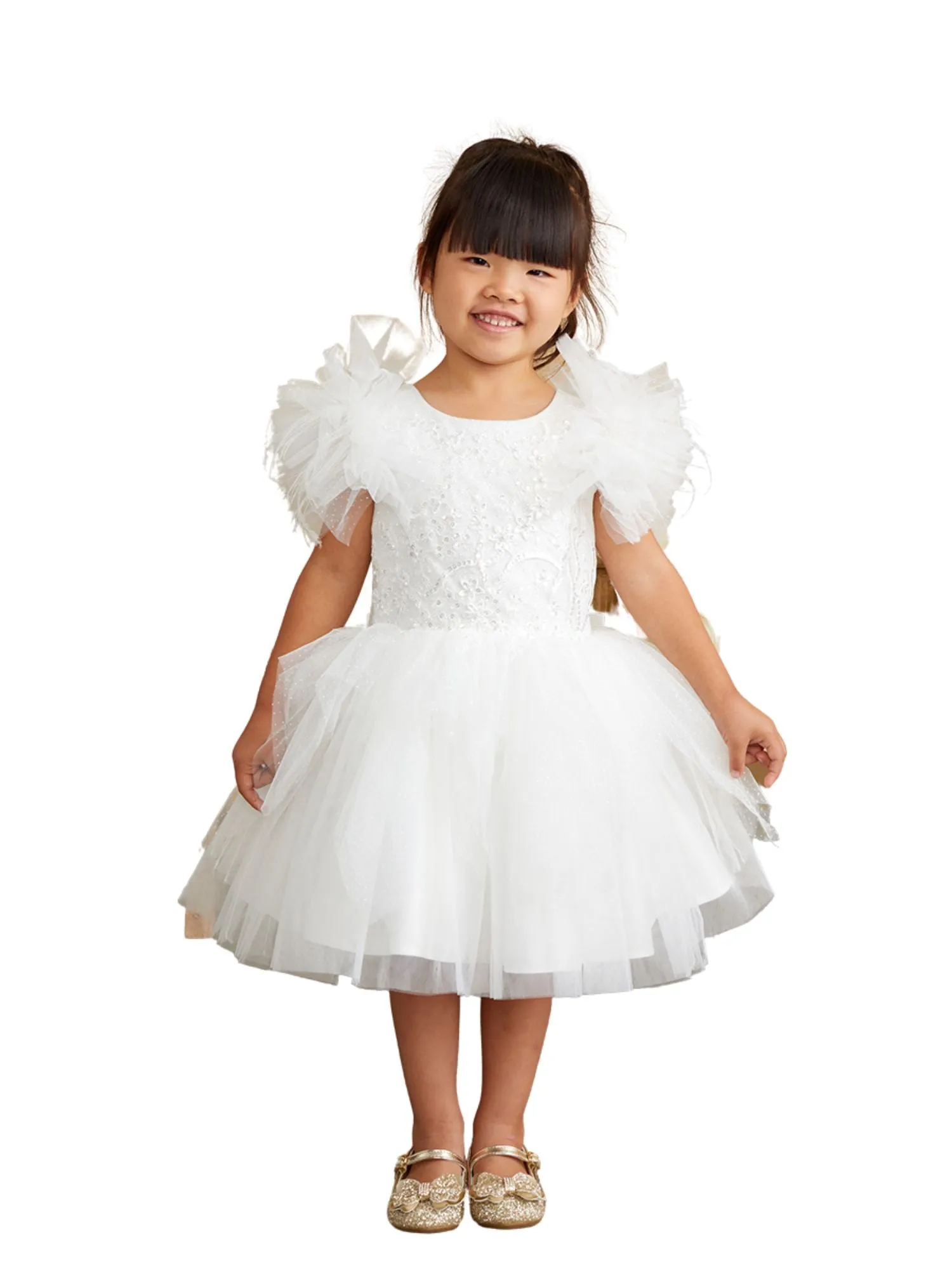 Girls Mesh Sleeve Dress with Beaded Lace Overlay Bodice and Layered Skirt, Sizes 6 Months-12