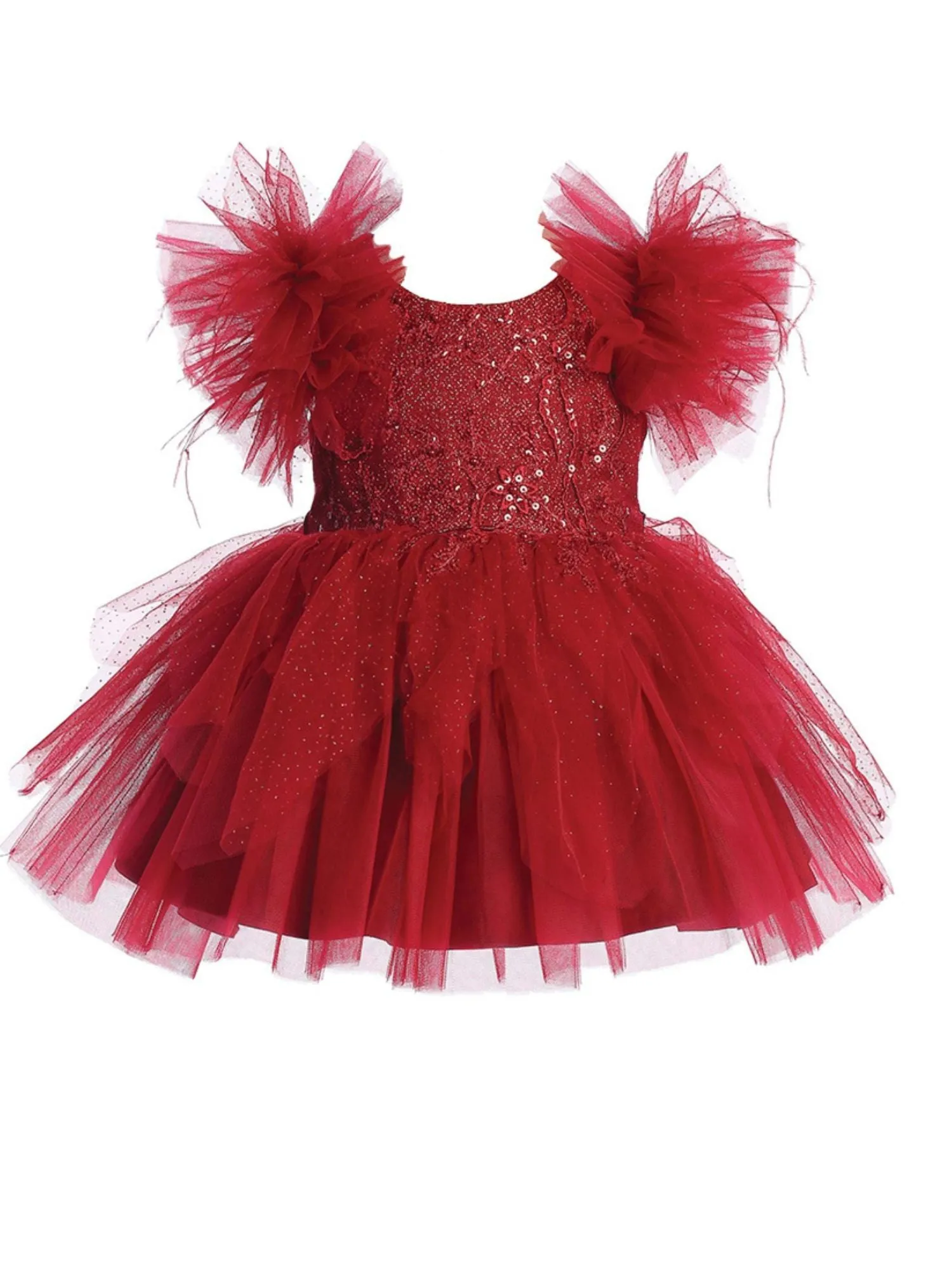 Girls Mesh Sleeve Dress with Beaded Lace Overlay Bodice and Layered Skirt, Sizes 6 Months-12