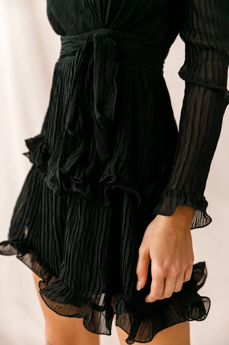 Greta Tiered Ruffle Chiffon Long Sleeve Dress Black