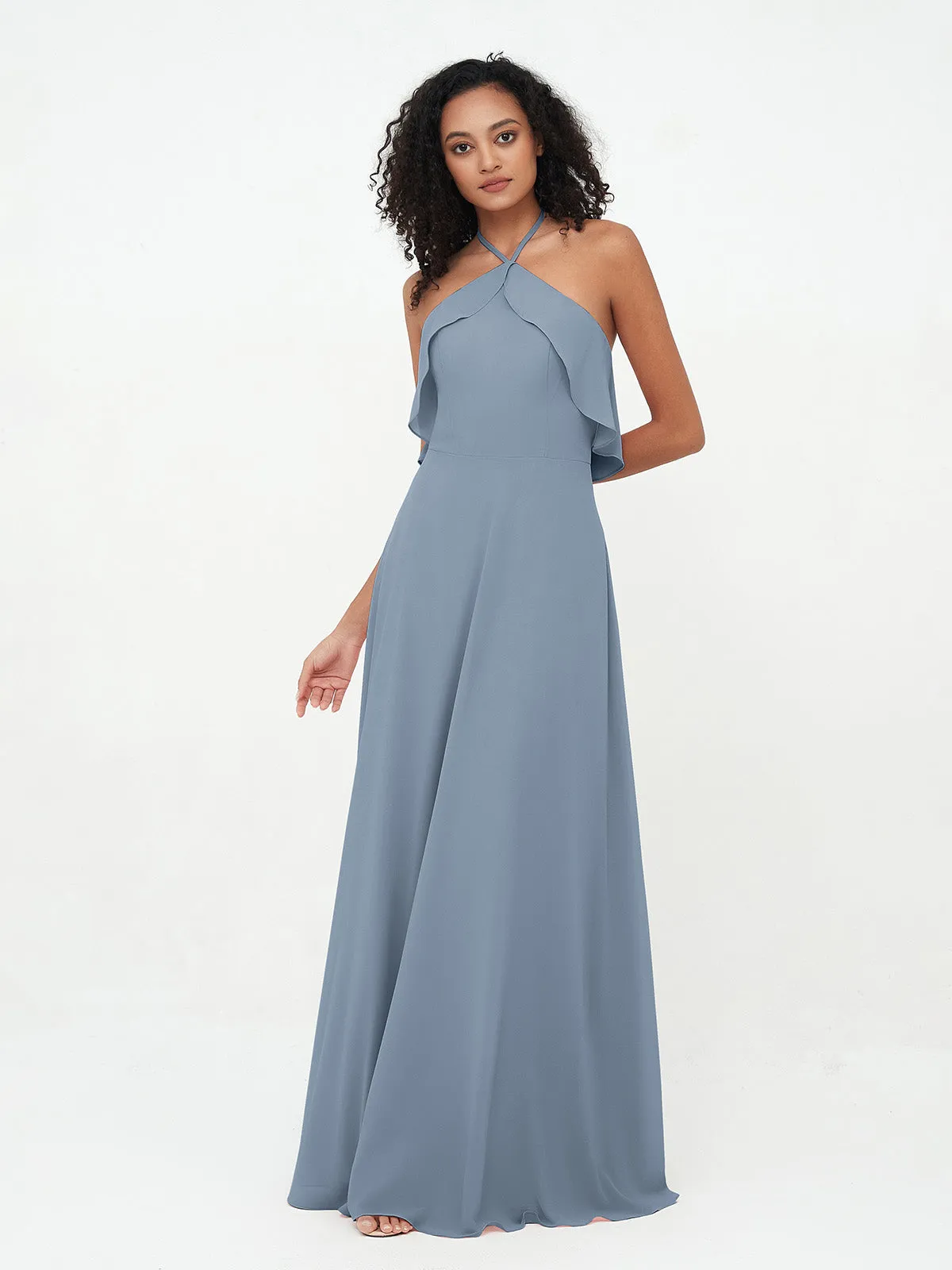 Halter Strap Chiffon Long Bridesmaid Dresses Dusty Blue Plus Size