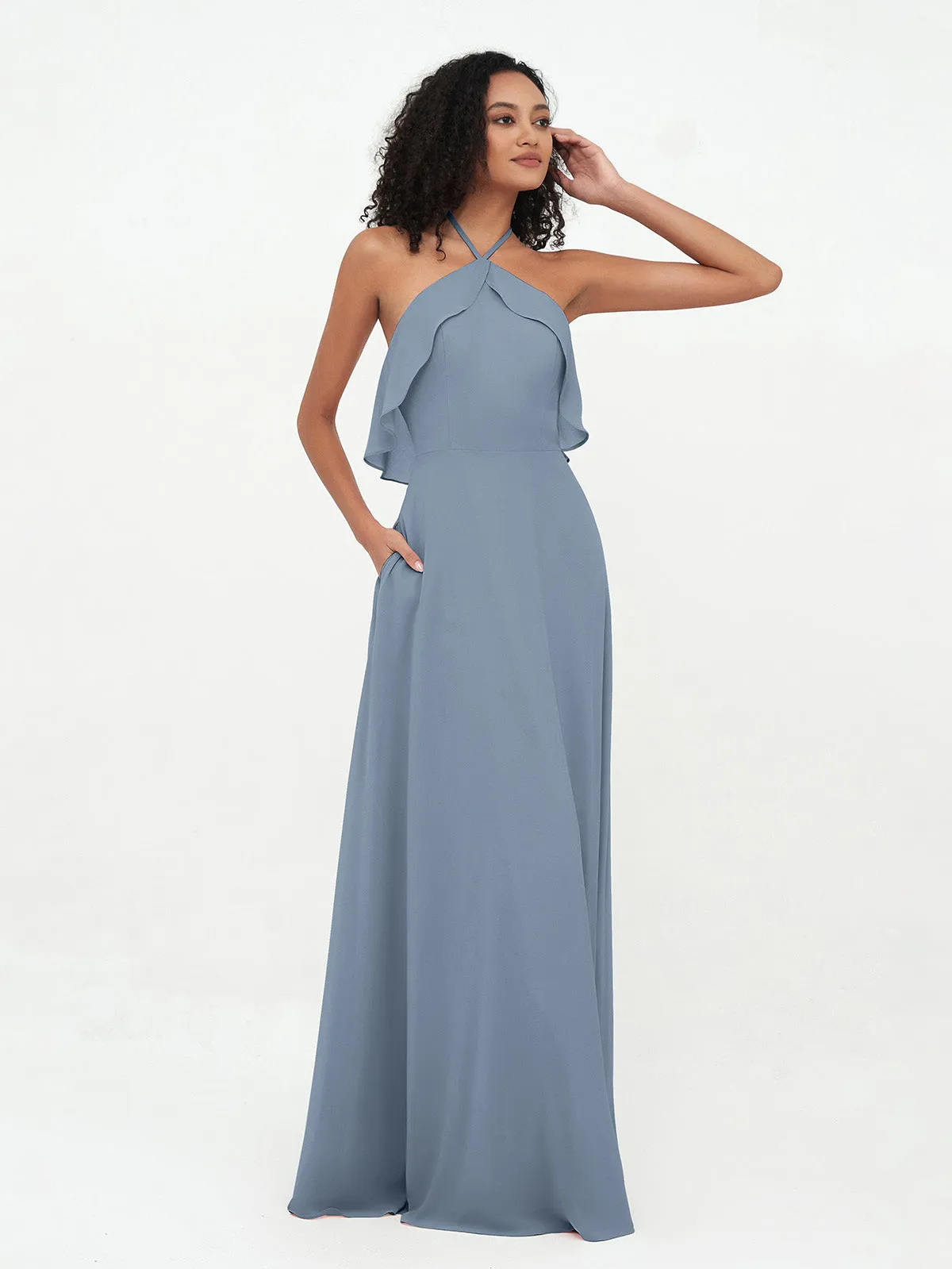 Halter Strap Chiffon Long Bridesmaid Dresses Dusty Blue Plus Size