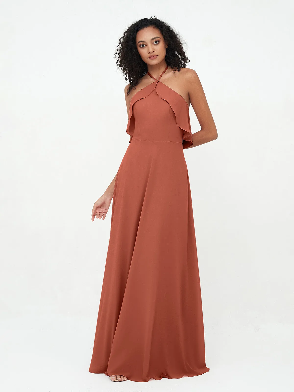 Halter Strap Chiffon Long Bridesmaid Dresses Rust Plus Size