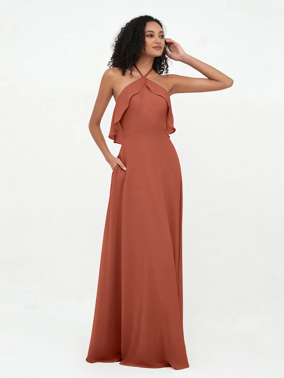 Halter Strap Chiffon Long Bridesmaid Dresses Rust Plus Size