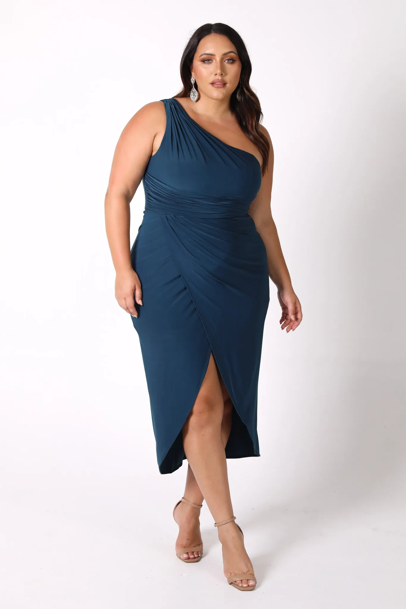 Hayden One Shoulder Midi Dress - Deep Teal